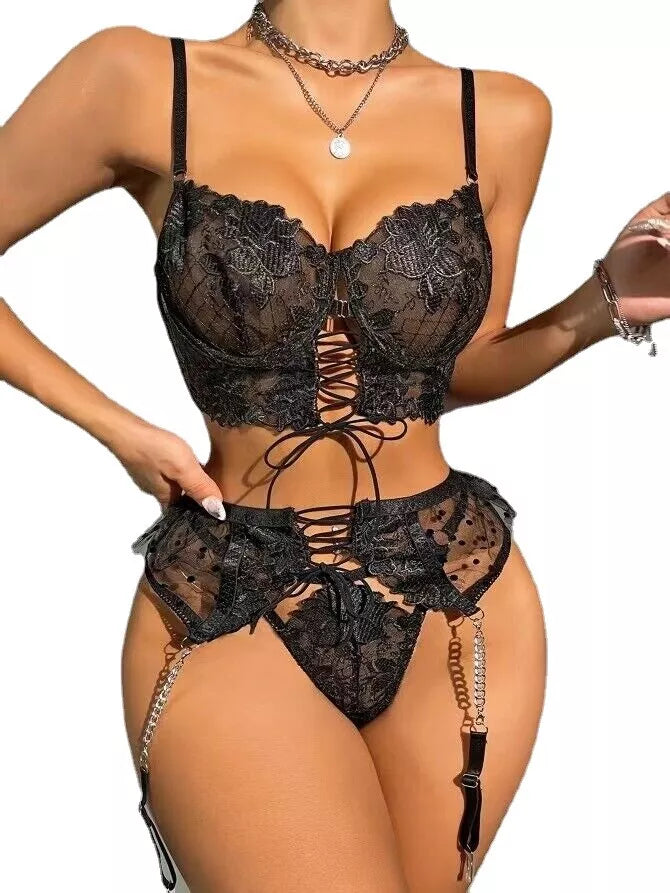 Feminino-Sexy-Roupa de Dormir-Lingerie-Garter-Underwired-Conjunto de Sutiã-Roupa de Noite-Babydoll-Vestido-