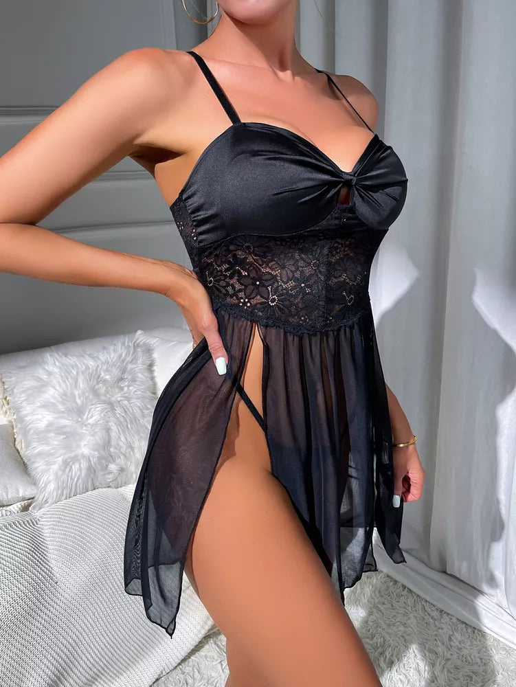 Feminino-Sexy-Roupa de Dormir-Lingerie-Garter-Underwired-Conjunto de Sutiã-Roupa de Noite-Babydoll-Vestido-