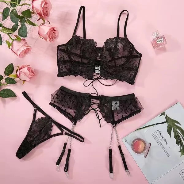 Feminino-Sexy-Roupa de Dormir-Lingerie-Garter-Underwired-Conjunto de Sutiã-Roupa de Noite-Babydoll-Vestido-