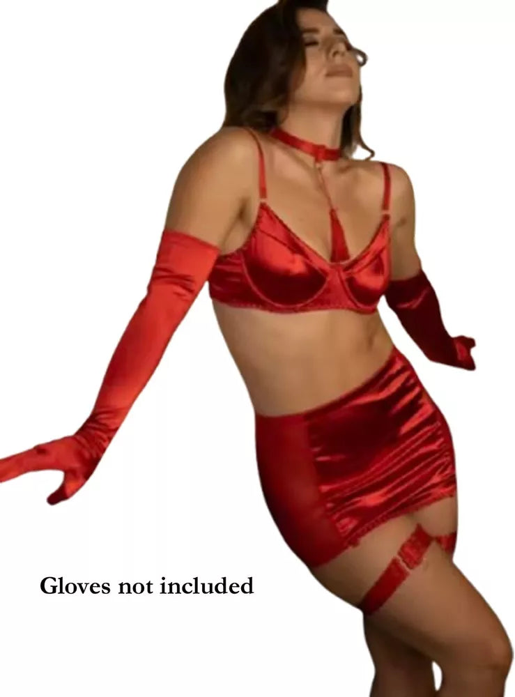 Elegante conjunto de lingerie preto ou vermelho conjunto de cinco peças sexy-