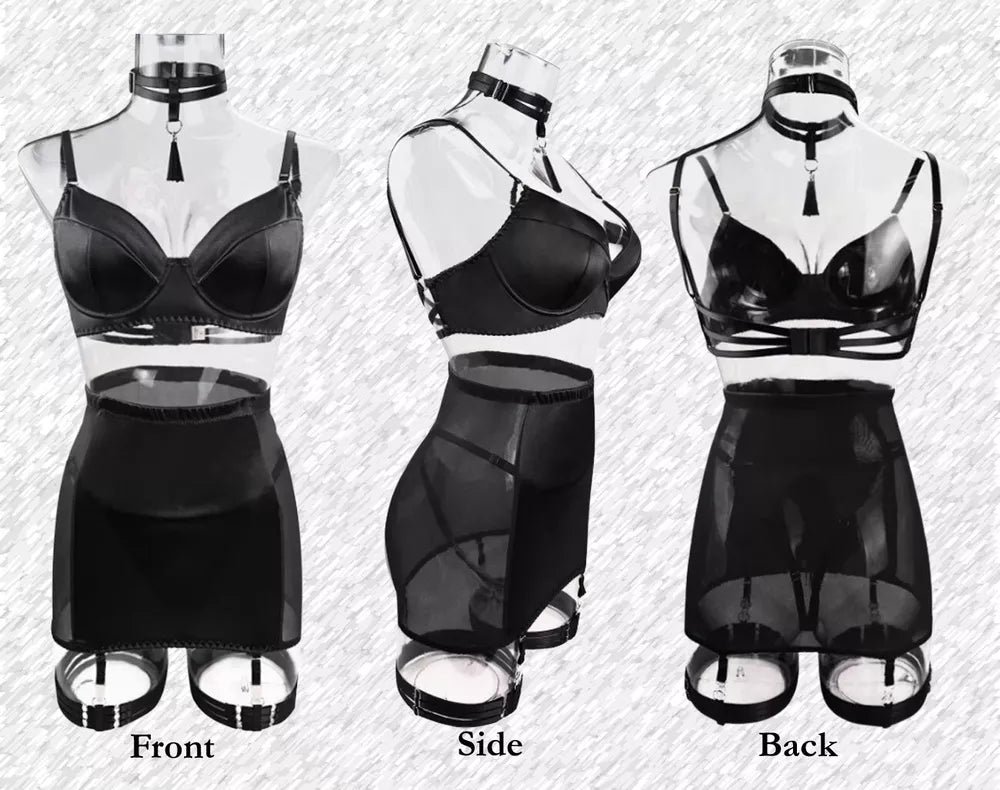 Elegante conjunto de lingerie preto ou vermelho conjunto de cinco peças sexy-