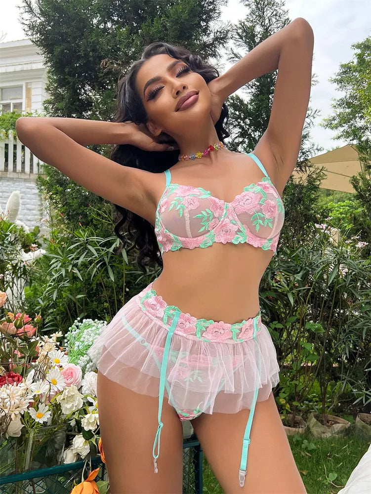Feminino-Sexy-Roupa de Dormir-Lingerie-Garter-Underwired-Conjunto de Sutiã-Roupa de Noite-Babydoll-Vestido-