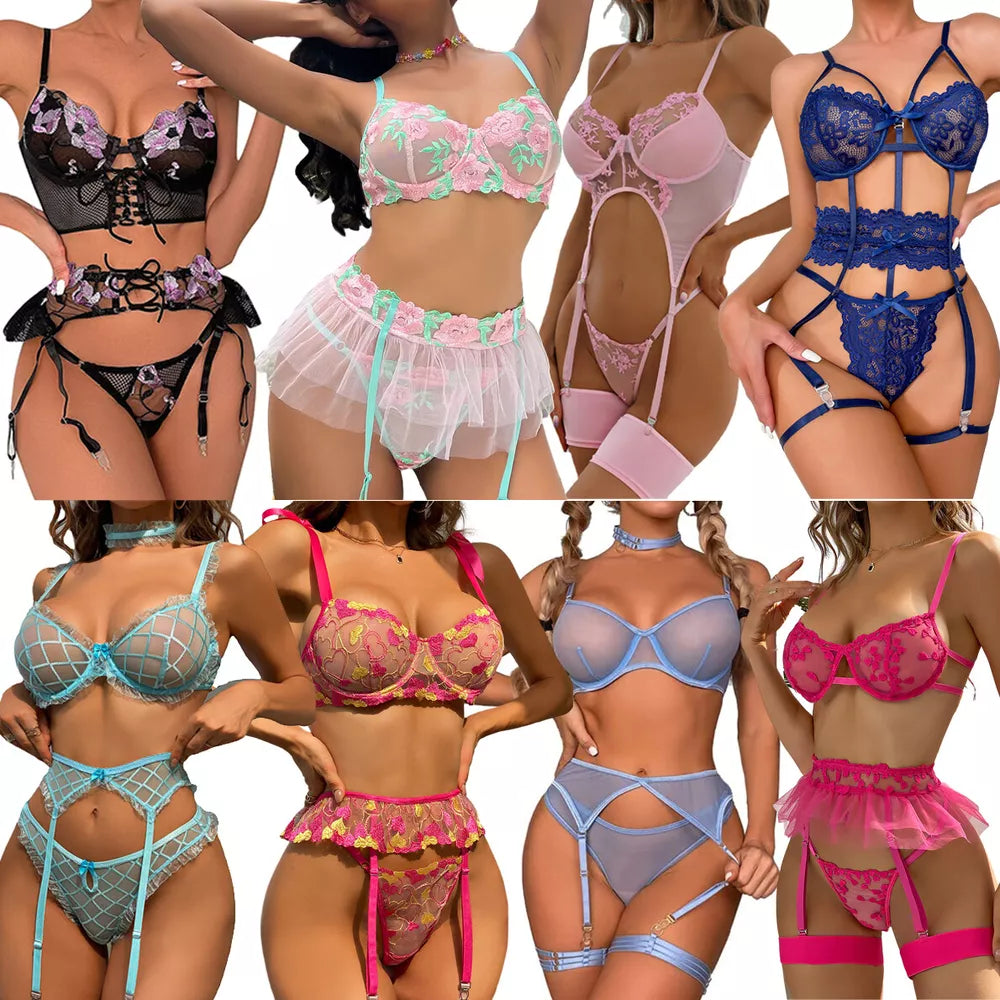 Feminino-Sexy-Roupa de Dormir-Lingerie-Garter-Underwired-Conjunto de Sutiã-Roupa de Noite-Babydoll-Vestido-