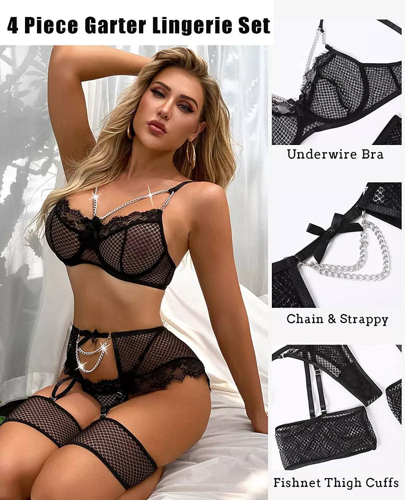 Feminino-Sexy-Roupa de Dormir-Lingerie-Garter-Underwired-Conjunto de Sutiã-Roupa de Noite-Babydoll-Vestido-