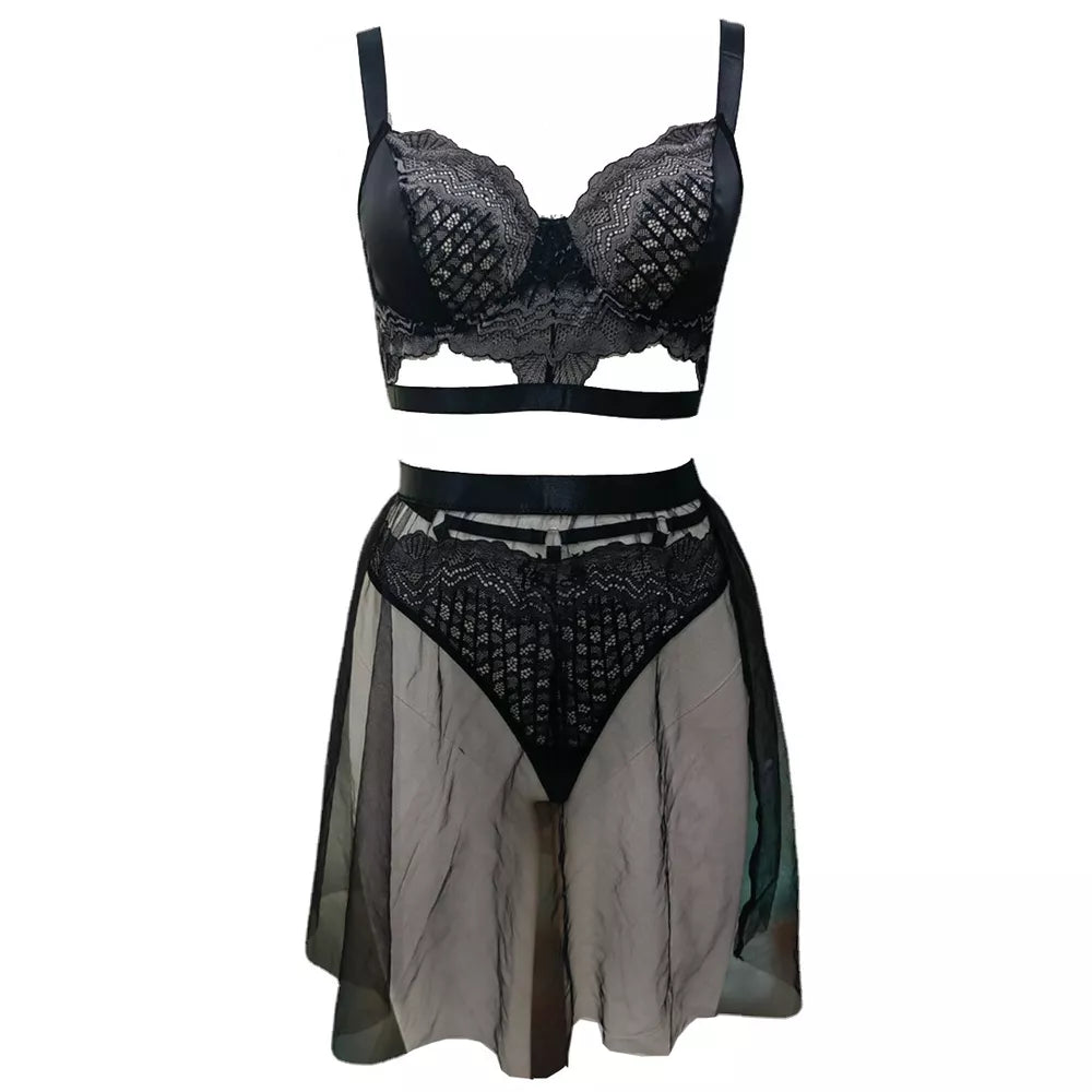 Feminino-Sexy-Roupa de Dormir-Lingerie-Garter-Underwired-Conjunto de Sutiã-Roupa de Noite-Babydoll-Vestido-