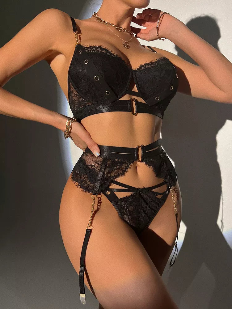 Feminino-Sexy-Roupa de Dormir-Lingerie-Garter-Underwired-Conjunto de Sutiã-Roupa de Noite-Babydoll-Vestido-