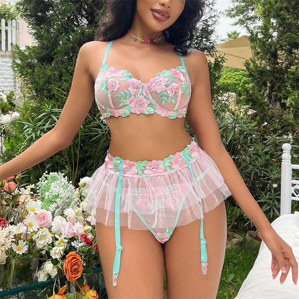 Feminino-Sexy-Roupa de Dormir-Lingerie-Garter-Underwired-Conjunto de Sutiã-Roupa de Noite-Babydoll-Vestido-