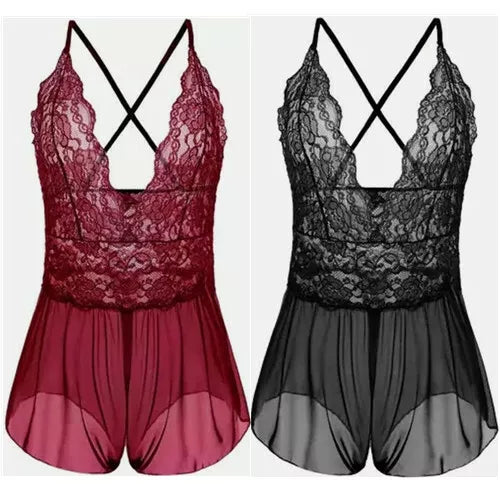 Roupa de noite feminina sexy plus size floral renda virilha aberta lingerie costas cruzadas-