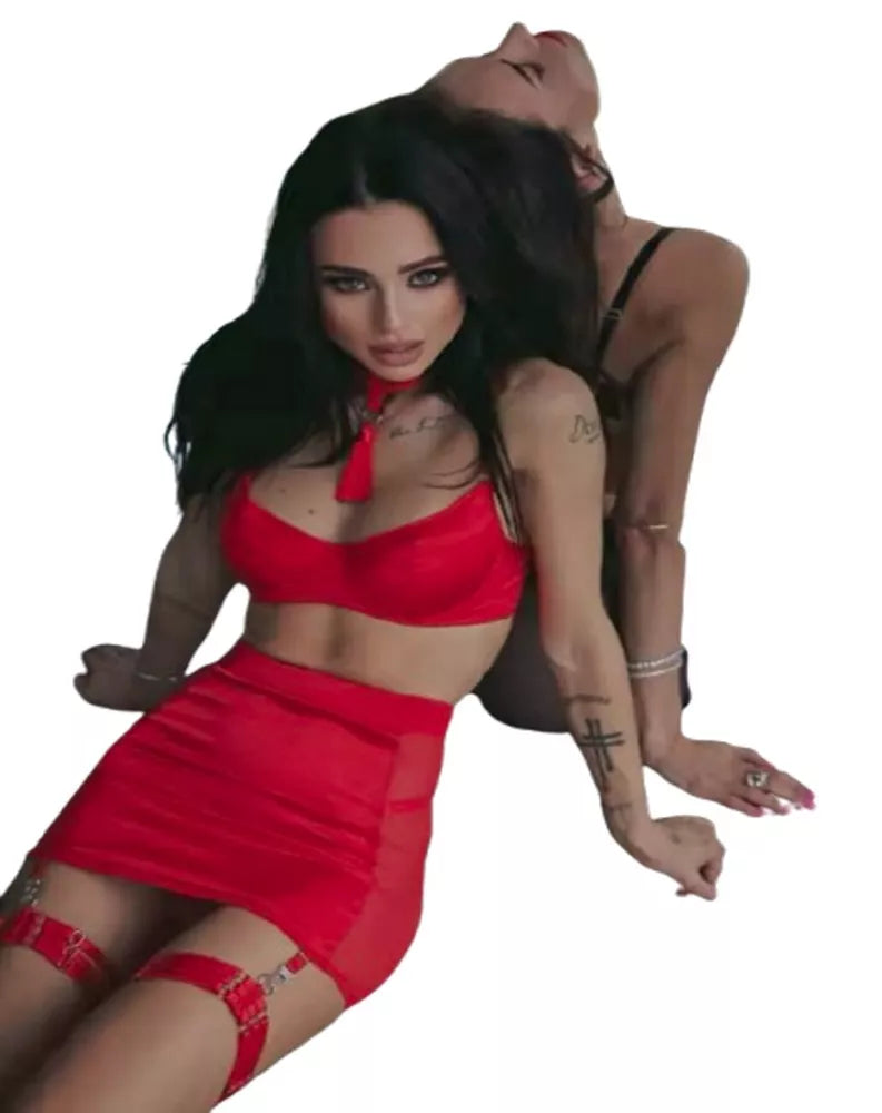 Elegante conjunto de lingerie preto ou vermelho conjunto de cinco peças sexy-