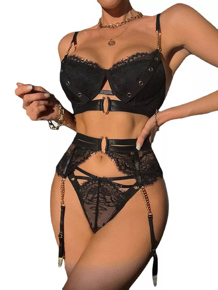 Feminino-Sexy-Roupa de Dormir-Lingerie-Garter-Underwired-Conjunto de Sutiã-Roupa de Noite-Babydoll-Vestido-