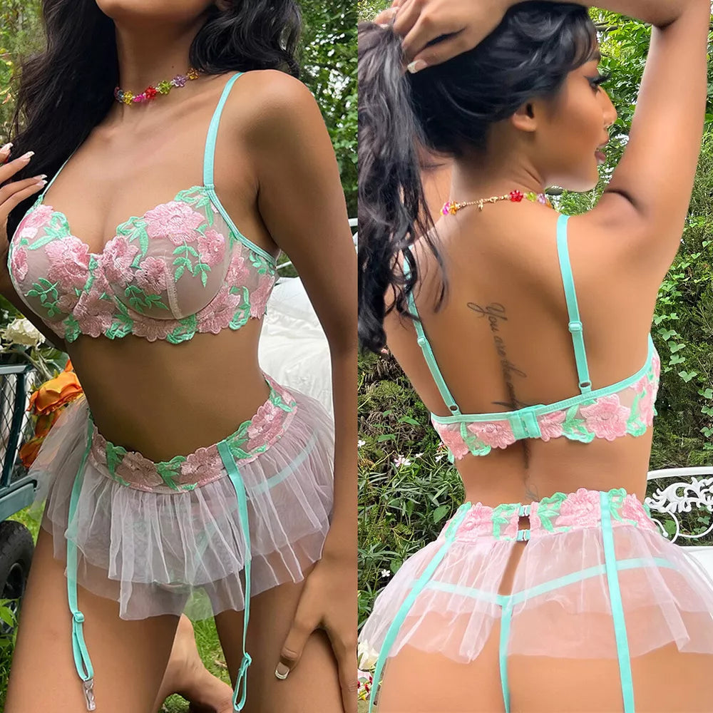 Feminino-Sexy-Roupa de Dormir-Lingerie-Garter-Underwired-Conjunto de Sutiã-Roupa de Noite-Babydoll-Vestido-