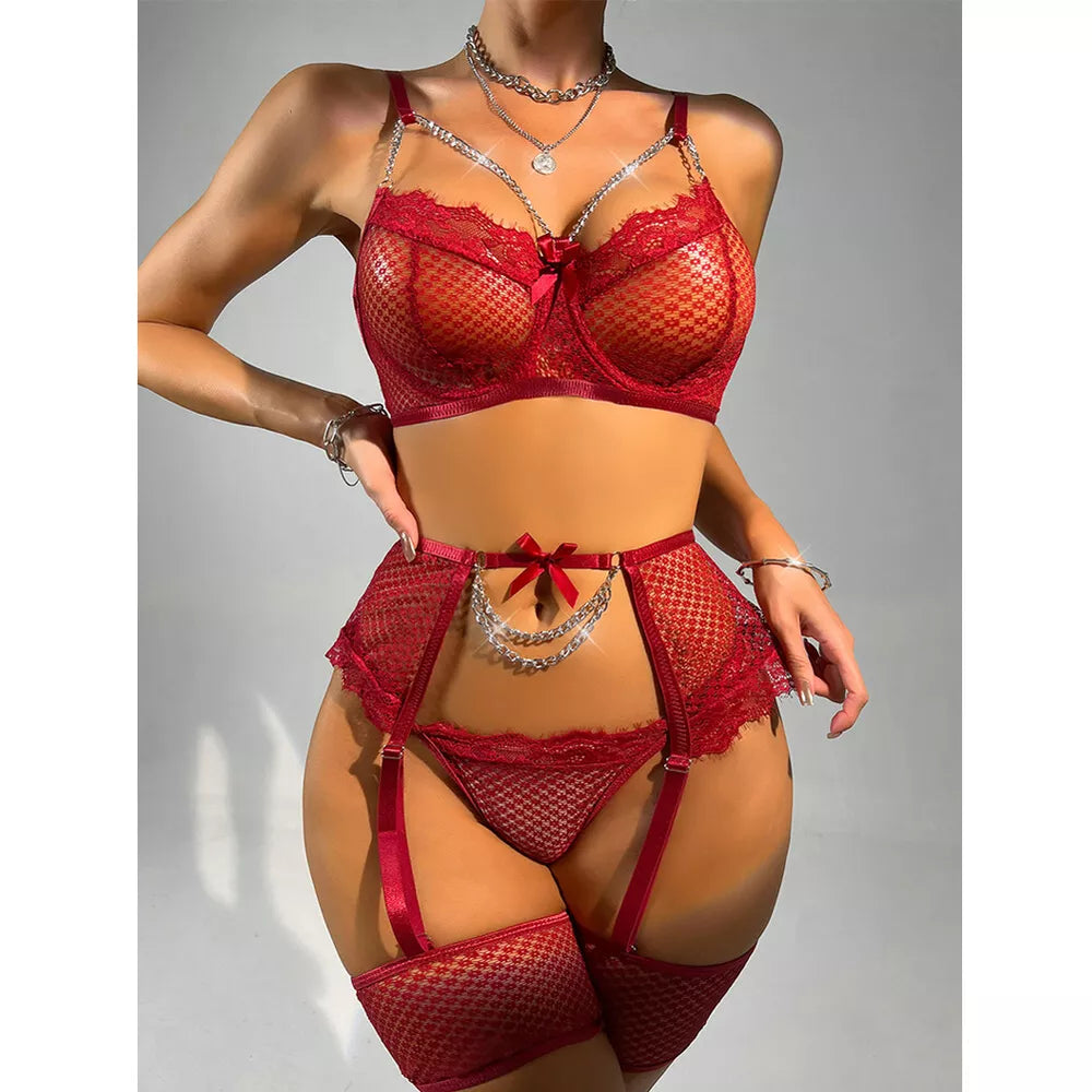 Conjunto de tanga sutiã de renda sexy feminino 3 peças lingerie babydoll roupa de dormir-