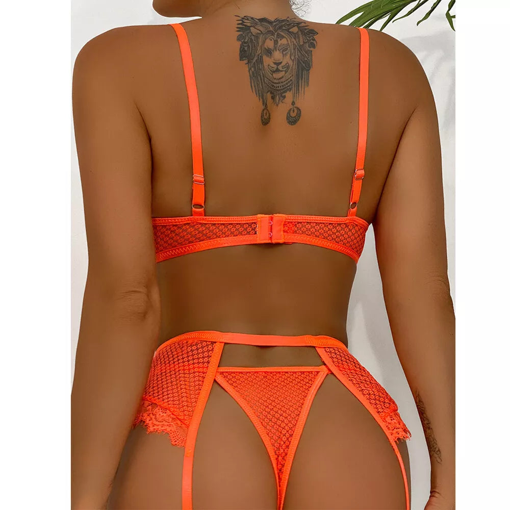 Conjunto de tanga sutiã de renda sexy feminino 3 peças lingerie babydoll roupa de dormir-