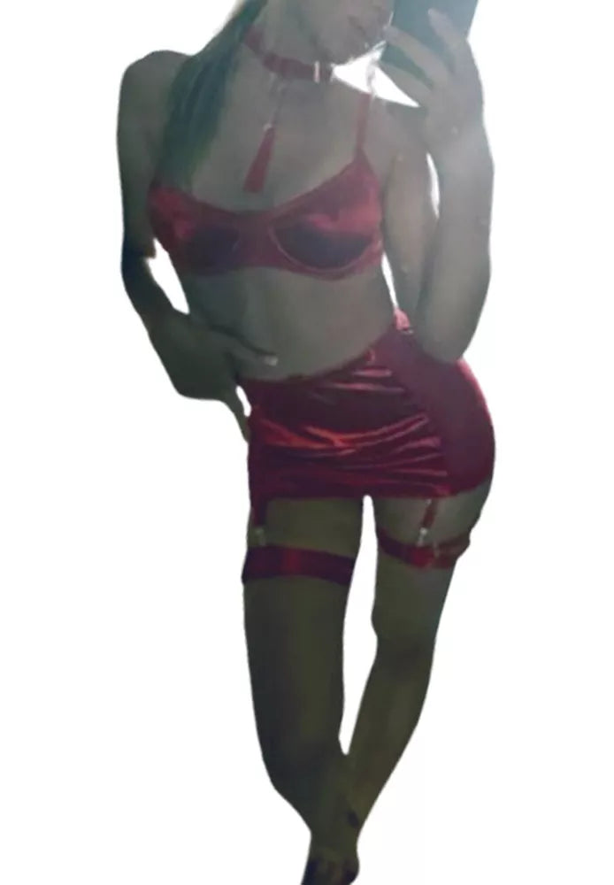 Elegante conjunto de lingerie preto ou vermelho conjunto de cinco peças sexy-
