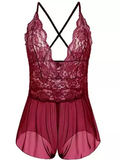 Roupa de noite feminina sexy plus size floral renda virilha aberta lingerie costas cruzadas-