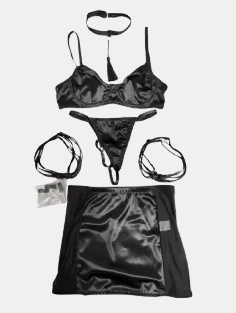 Elegante conjunto de lingerie preto ou vermelho conjunto de cinco peças sexy-