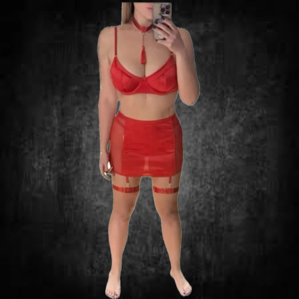 Elegante conjunto de lingerie preto ou vermelho conjunto de cinco peças sexy-
