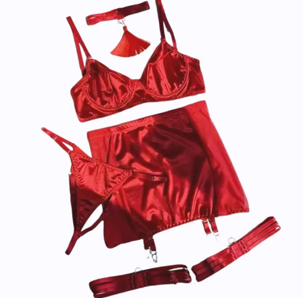 Elegante conjunto de lingerie preto ou vermelho conjunto de cinco peças sexy-