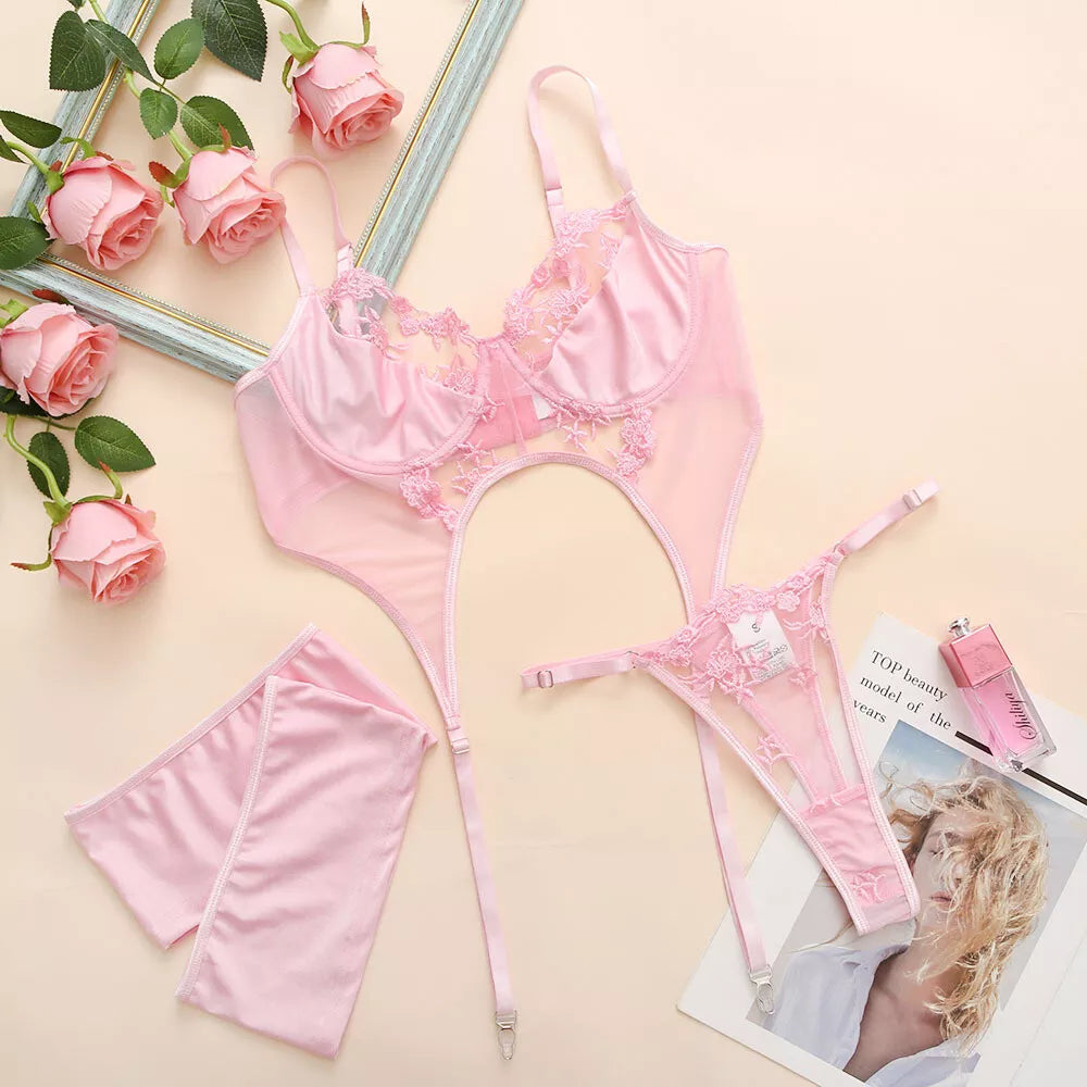 Feminino-Sexy-Roupa de Dormir-Lingerie-Garter-Underwired-Conjunto de Sutiã-Roupa de Noite-Babydoll-Vestido-
