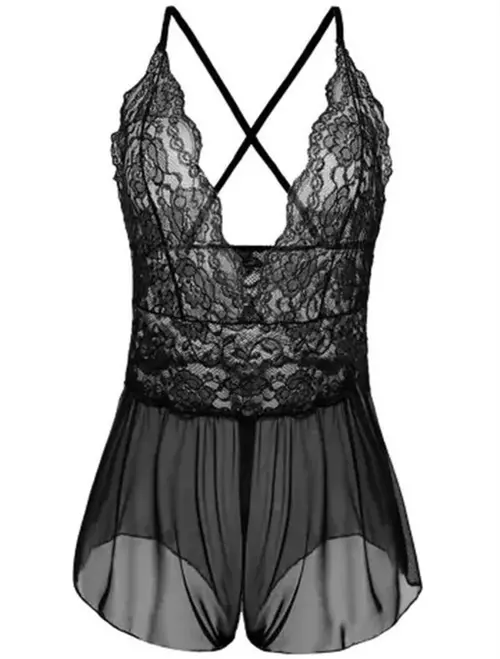 Roupa de noite feminina sexy plus size floral renda virilha aberta lingerie costas cruzadas-