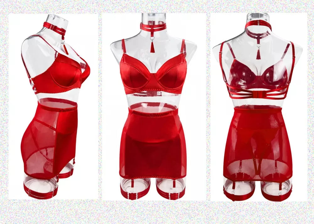 Elegante conjunto de lingerie preto ou vermelho conjunto de cinco peças sexy-