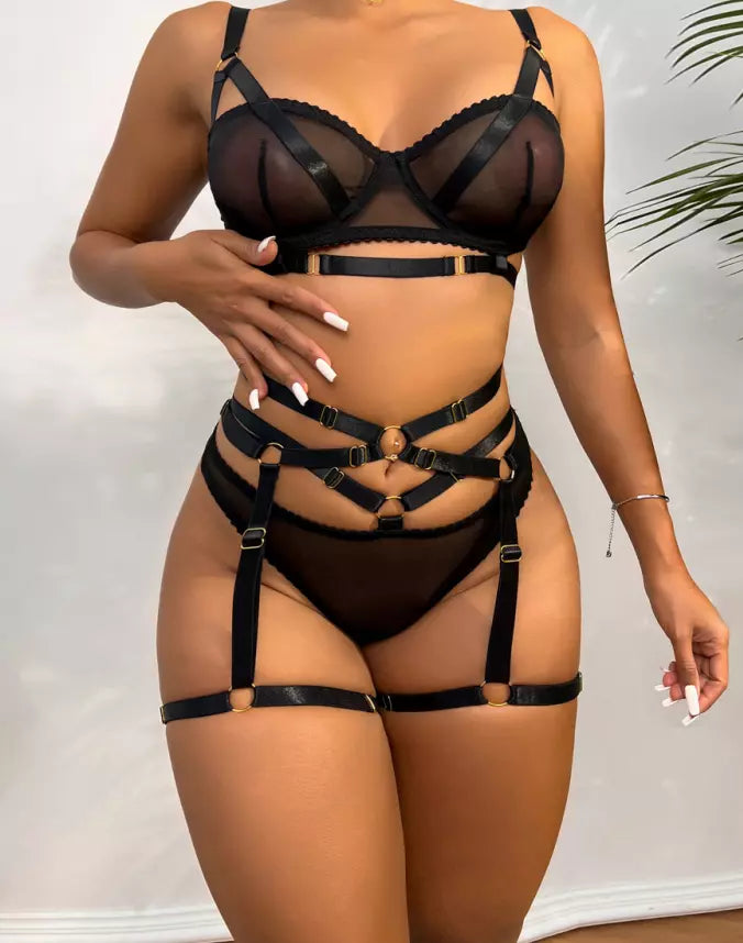 Feminino-Sexy-Roupa de Dormir-Lingerie-Garter-Underwired-Conjunto de Sutiã-Roupa de Noite-Babydoll-Vestido-