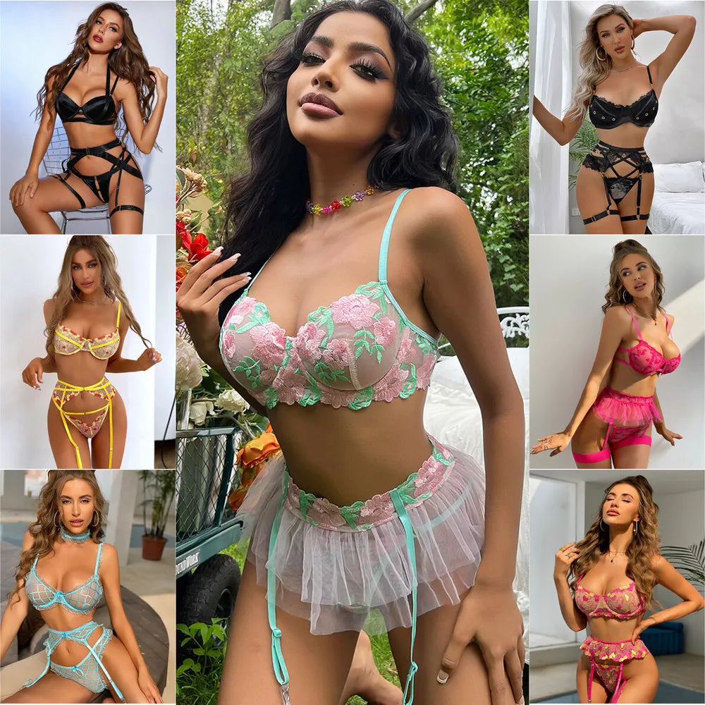 Feminino-Sexy-Roupa de Dormir-Lingerie-Garter-Underwired-Conjunto de Sutiã-Roupa de Noite-Babydoll-Vestido-