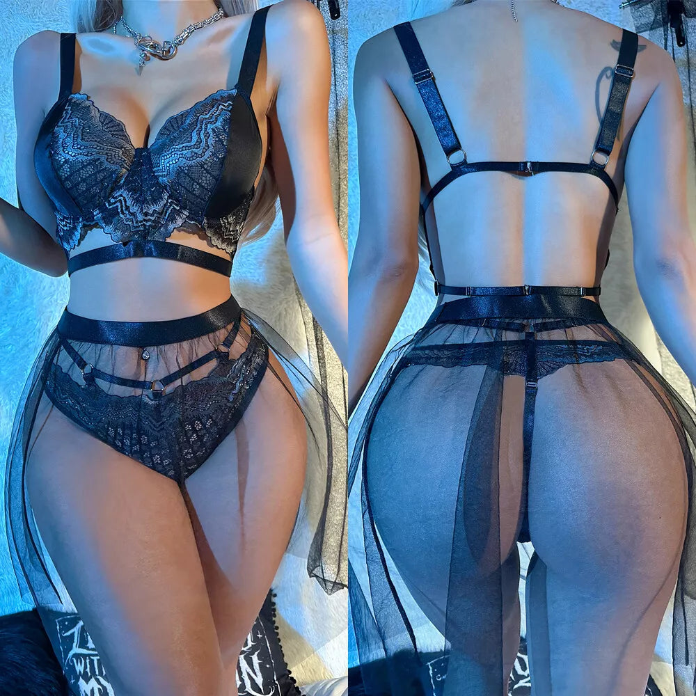 Feminino-Sexy-Roupa de Dormir-Lingerie-Garter-Underwired-Conjunto de Sutiã-Roupa de Noite-Babydoll-Vestido-