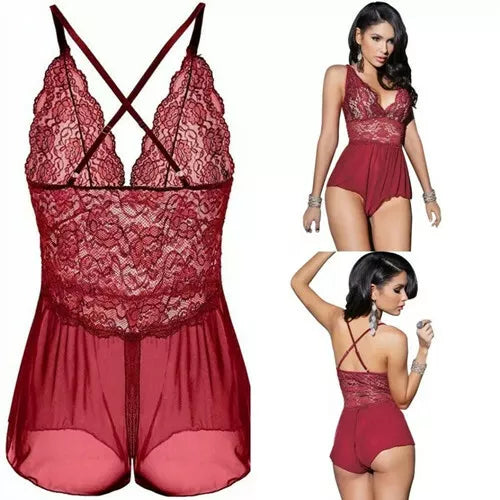 Roupa de noite feminina sexy plus size floral renda virilha aberta lingerie costas cruzadas-