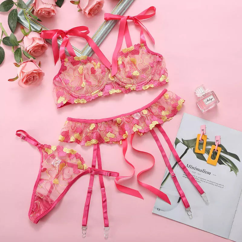 Feminino-Sexy-Roupa de Dormir-Lingerie-Garter-Underwired-Conjunto de Sutiã-Roupa de Noite-Babydoll-Vestido-